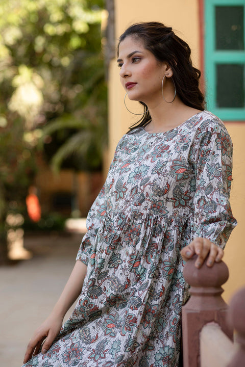 Women Off-White Ethnic Printed Flared Dress With Three quarter Sleeves