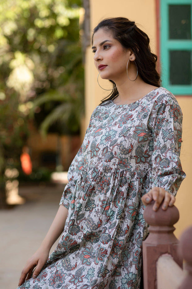 Women Off-White Ethnic Printed Flared Dress With Three quarter Sleeves