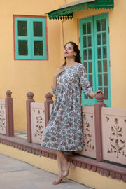 Women Off-White Ethnic Printed Flared Dress With Three quarter Sleeves