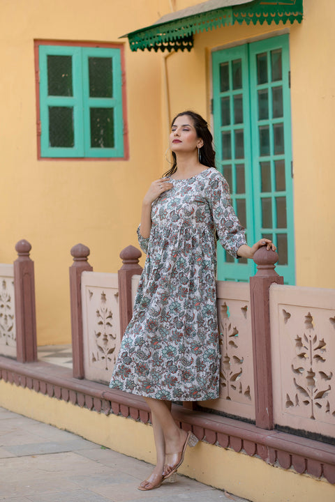 Women Off-White Ethnic Printed Flared Dress With Three quarter Sleeves
