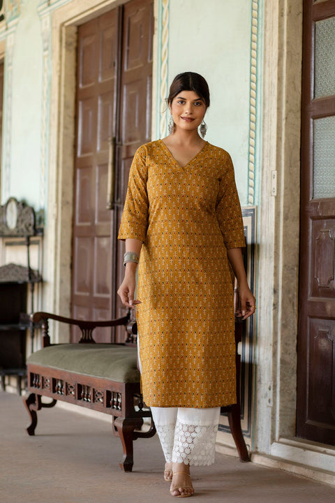 Women Yellow Ethnic Printed Straight Kurta with Three Quarter Sleeves
