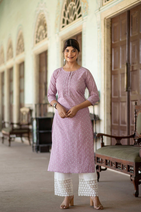 Women Purple Ethnic Printed Straight Kurta with Three Quarter Sleeves