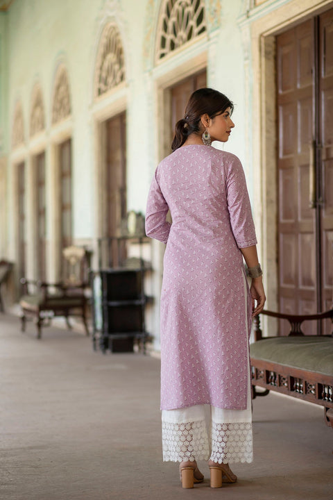 Women Purple Ethnic Printed Straight Kurta with Three Quarter Sleeves