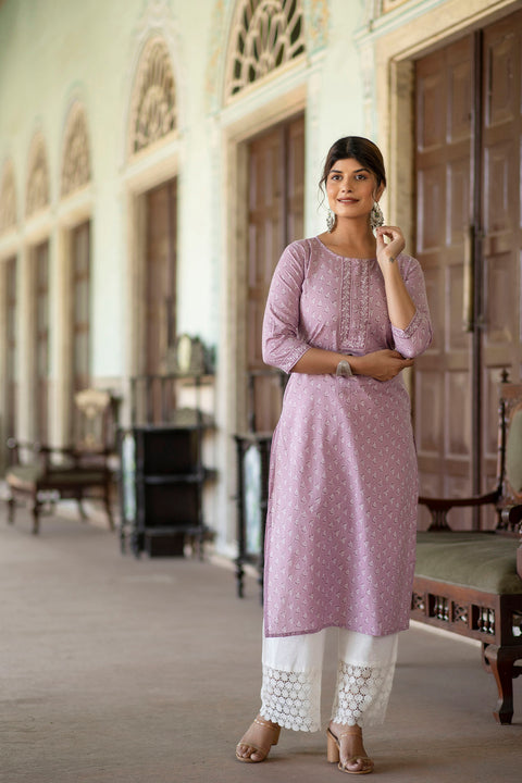 Women Purple Ethnic Printed Straight Kurta with Three Quarter Sleeves