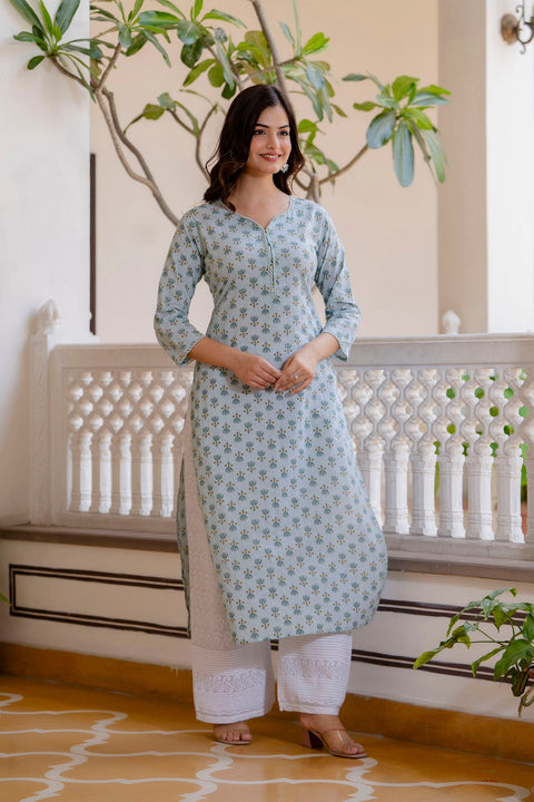 Women Green Ethnic Printed Straight Kurta with Three Quarter Sleeves