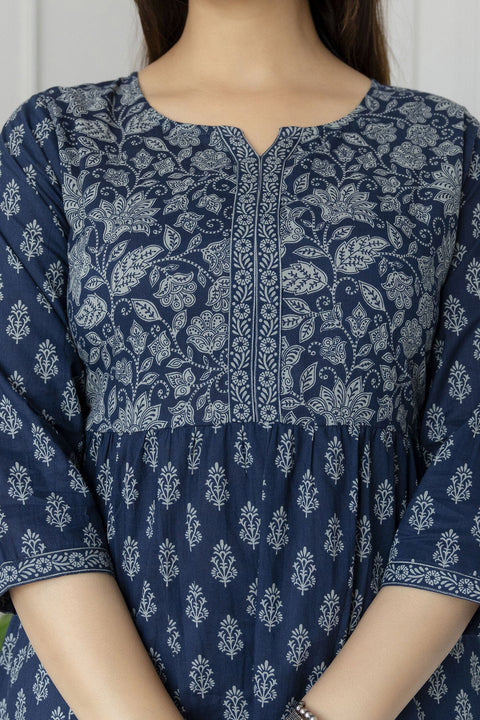 Women Blue Printed Tunic With Three Quaretr Sleeves