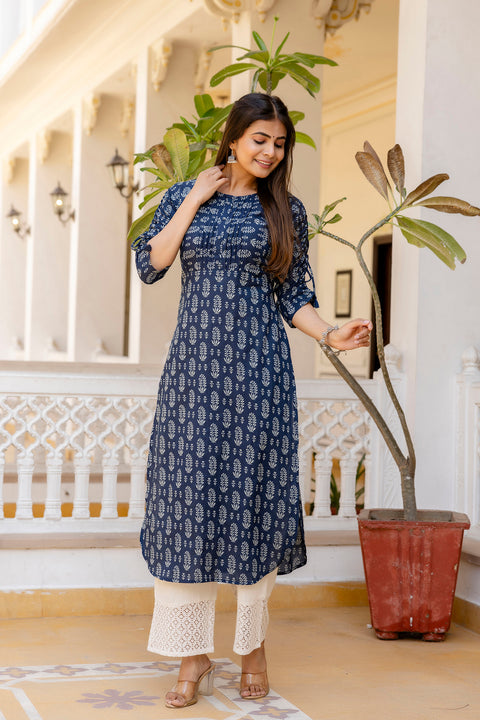 Women Navy Blue Printed Straight Kurta with Three Quarter Sleeves