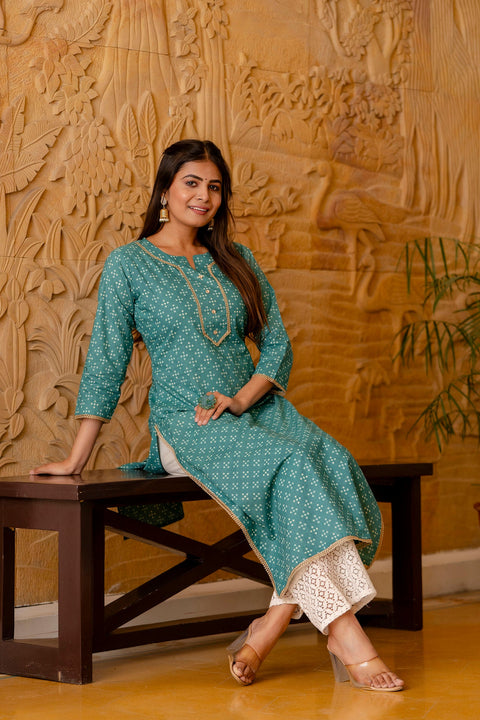 Women Green Bandhani Printed Straight Kurta