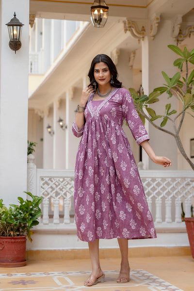 Women Mauve Ethnic Printed Flared Dress