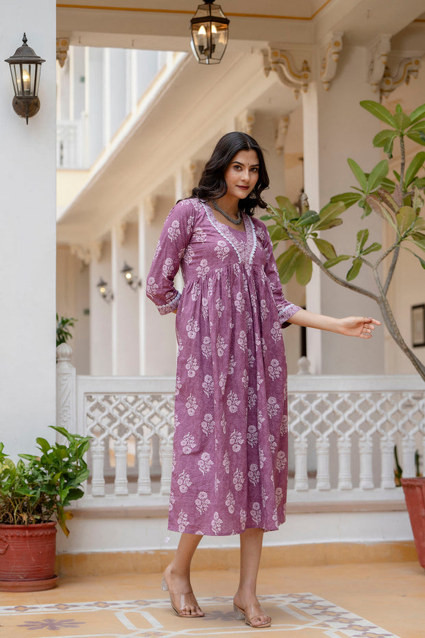 Women Mauve Ethnic Printed Flared Dress