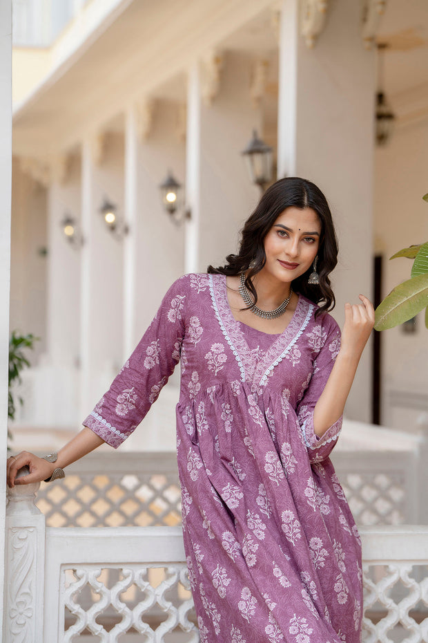 Women Mauve Ethnic Printed Flared Dress