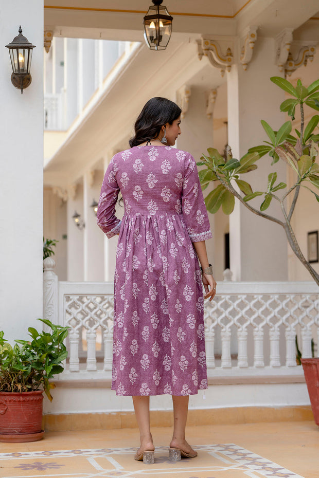 Women Mauve Ethnic Printed Flared Dress