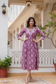 Women Mauve Ethnic Printed Flared Dress