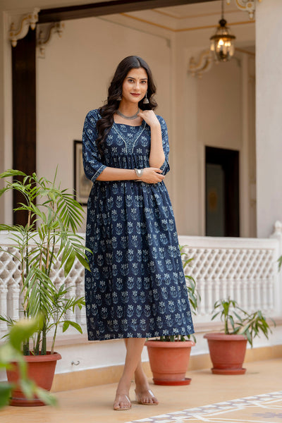 Women Navy Blue Ethnic Printed Flared Dress