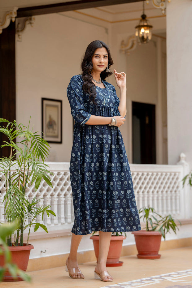 Women Navy Blue Ethnic Printed Flared Dress