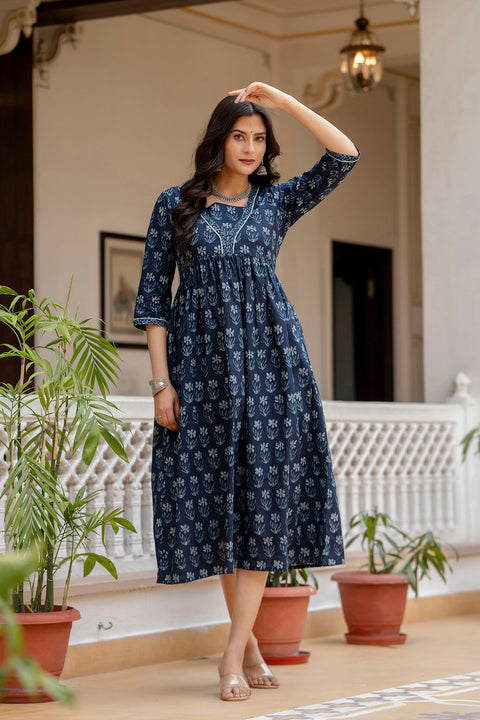 Women Navy Blue Ethnic Printed Flared Dress