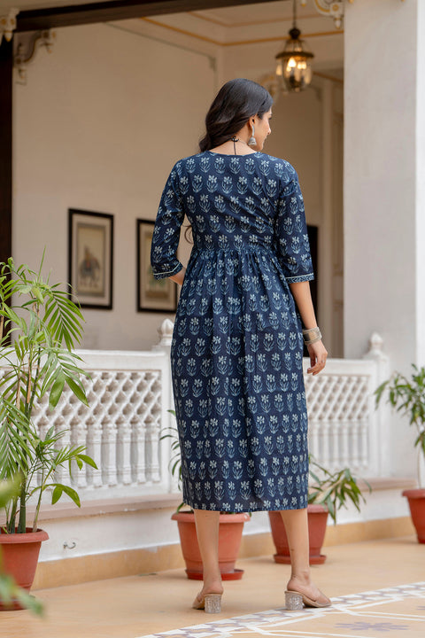 Women Navy Blue Ethnic Printed Flared Dress