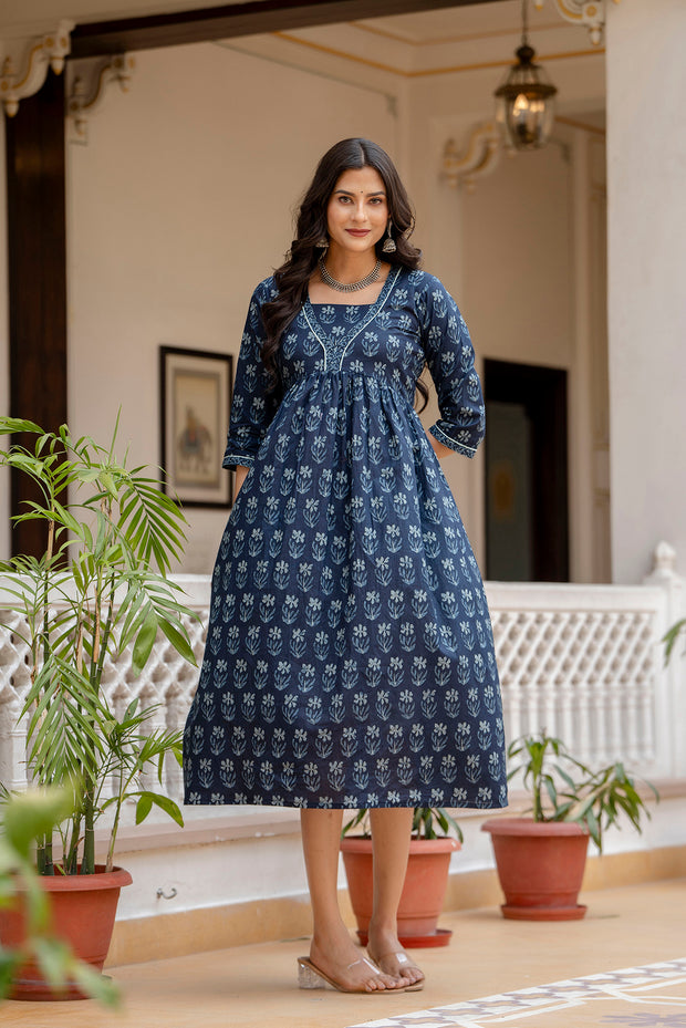 Women Navy Blue Ethnic Printed Flared Dress