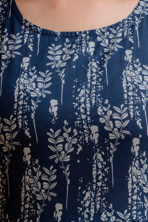 Women Navy Blue Printed Flared Dress