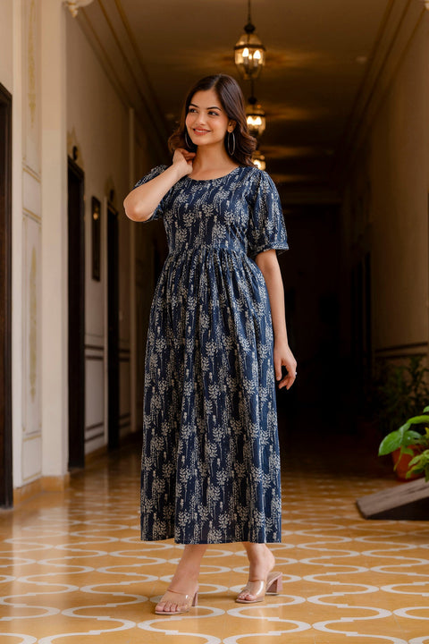 Women Navy Blue Printed Flared Dress