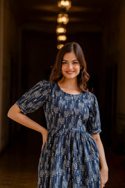 Women Navy Blue Printed Flared Dress