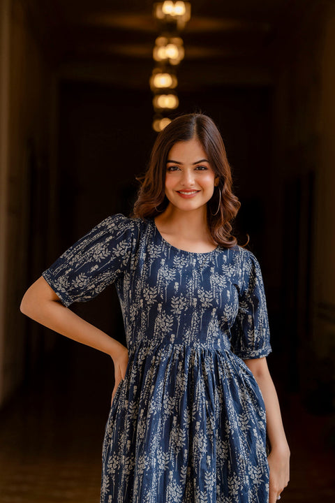 Women Navy Blue Printed Flared Dress