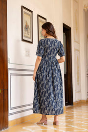 Women Navy Blue Printed Flared Dress
