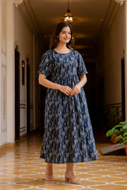 Women Navy Blue Printed Flared Dress