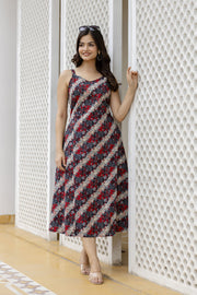 Women Black Abstract Printed Sleeveless Dress