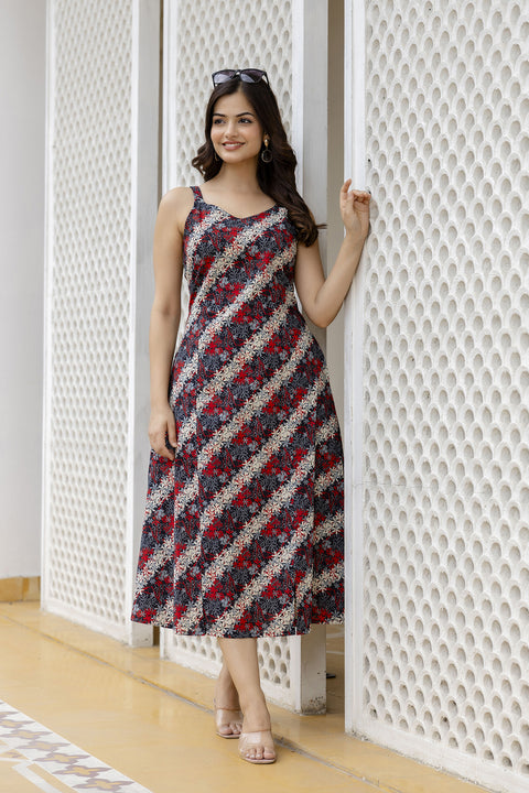 Women Black Abstract Printed Sleeveless Dress