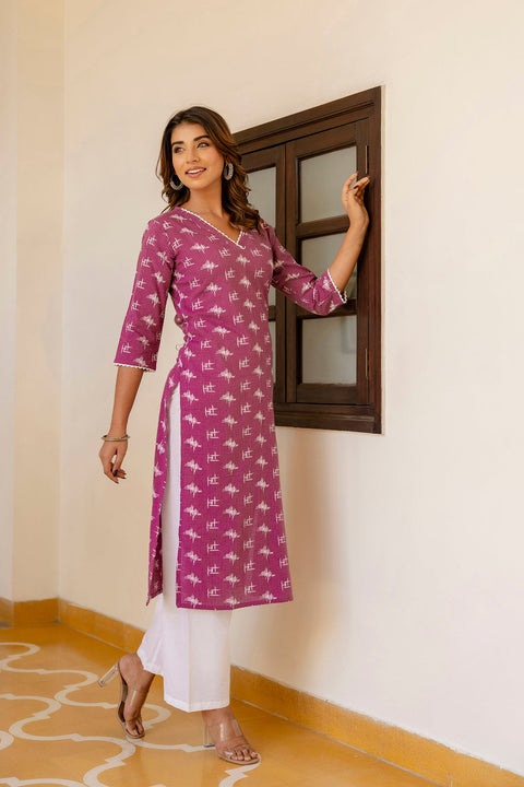 Women Purple Ethnic Printed Straight Kurta with Three Quarter Sleeves