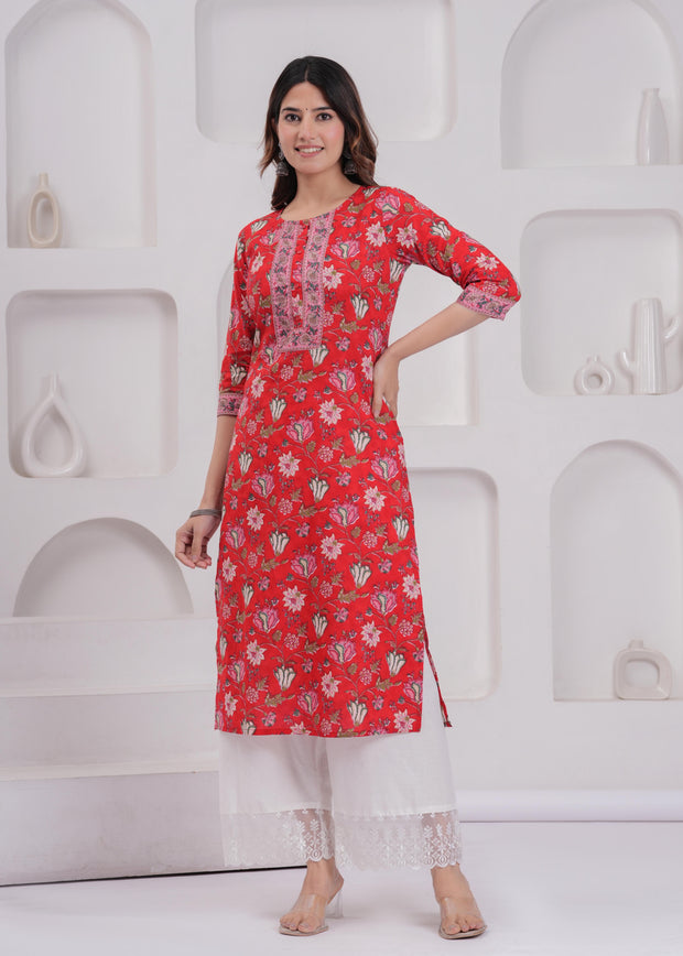 Women Red Printed Straight Kurta with Three Quarter Sleeves