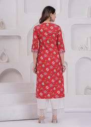 Women Red Printed Straight Kurta with Three Quarter Sleeves