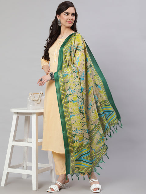 Women Cream Straight Solid Kurta With Trouser And Art Silk Dupatta