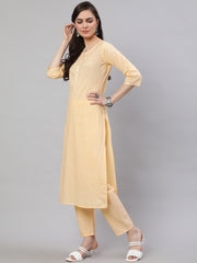 Women Cream Straight Solid Kurta With Trouser And Art Silk Dupatta