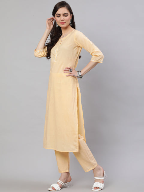 Women Cream Straight Solid Kurta With Trouser And Art Silk Dupatta