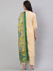 Women Cream Straight Solid Kurta With Trouser And Art Silk Dupatta