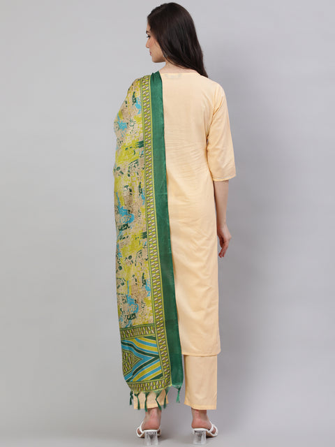 Women Cream Straight Solid Kurta With Trouser And Art Silk Dupatta