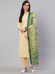 Women Cream Straight Solid Kurta With Trouser And Art Silk Dupatta
