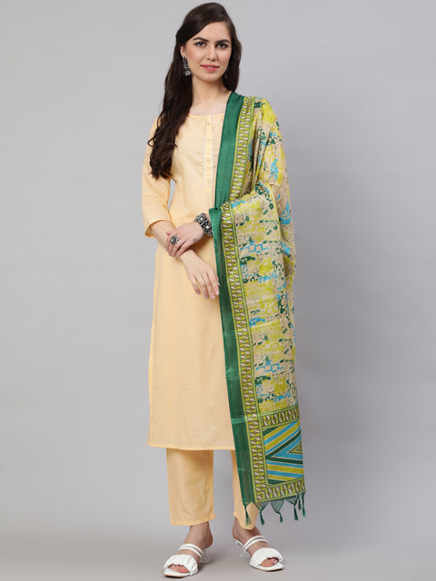 Women Cream Straight Solid Kurta With Trouser And Art Silk Dupatta