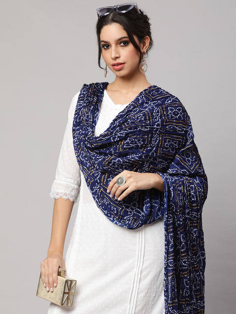 Women Blue Bandhini And Beige Solid Dupatta Combo, Pack Of Two