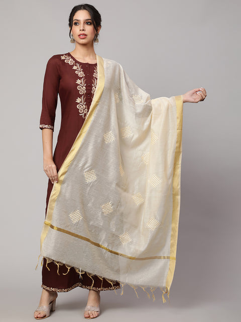 Women Blue Bandhini And Beige Solid Dupatta Combo, Pack Of Two