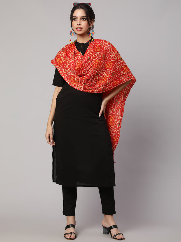 Women Blue Bandhini And Red Bandhani Dupatta Combo, Pack Of Two