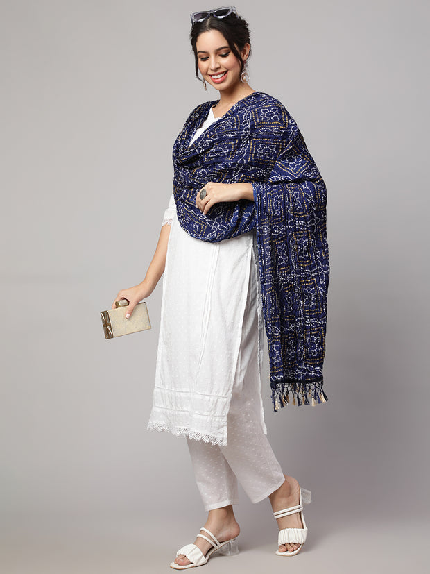 Women Blue Bandhini And Red Bandhani Dupatta Combo, Pack Of Two
