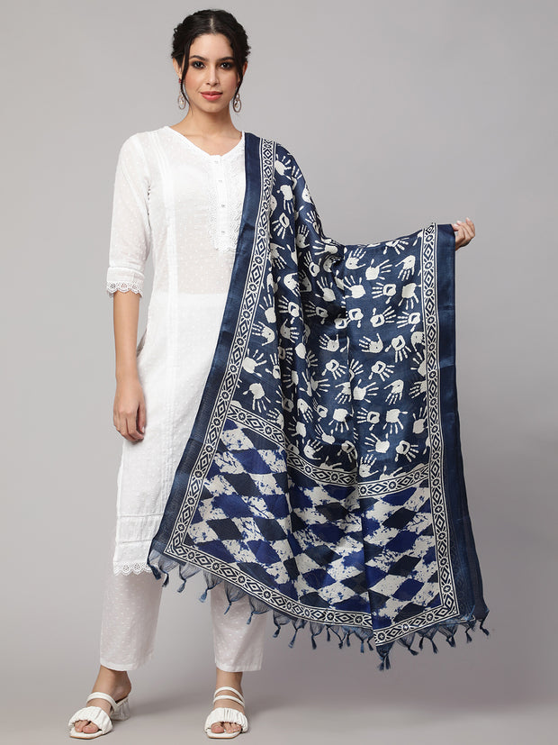 Women Blue And Off White Printed Dupatta Combo, Pack Of Two