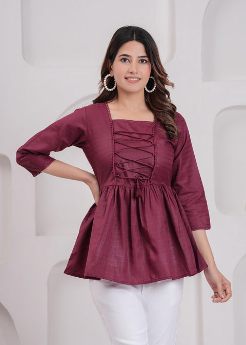 Women Burgundy Printed V-Neck Peplum Top