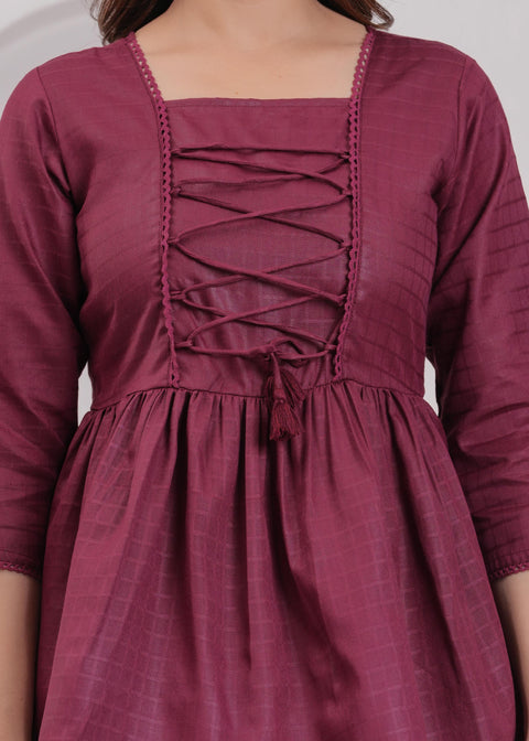 Women Burgundy Printed V-Neck Peplum Top