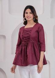 Women Burgundy Printed V-Neck Peplum Top