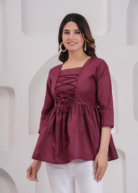 Women Burgundy Printed V-Neck Peplum Top