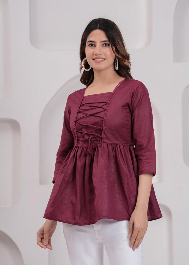 Women Burgundy Printed V-Neck Peplum Top